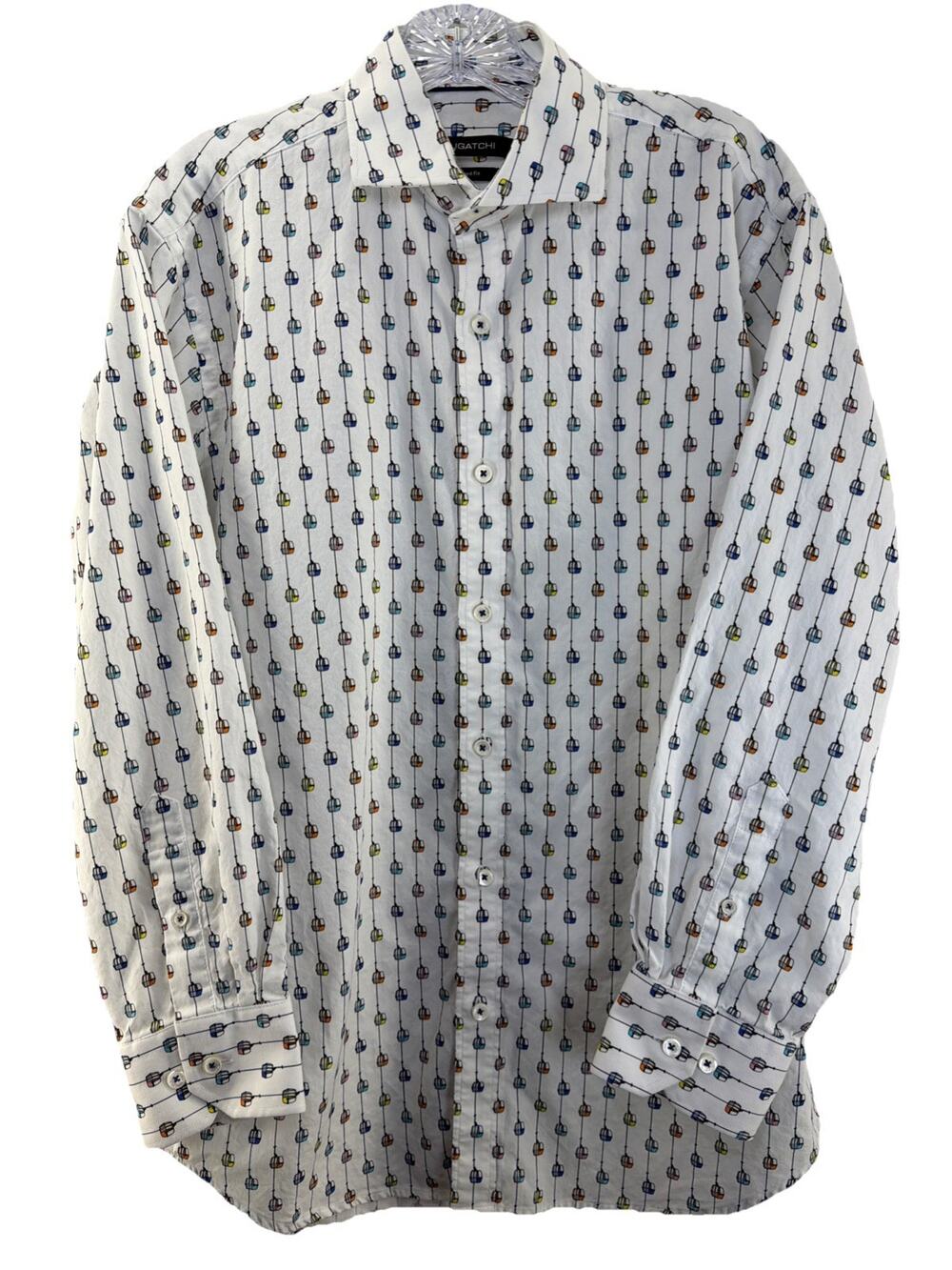 Bugatchi Med Ski Lift Gondola Button Down Shirt Long Sleeve All Over Print White
